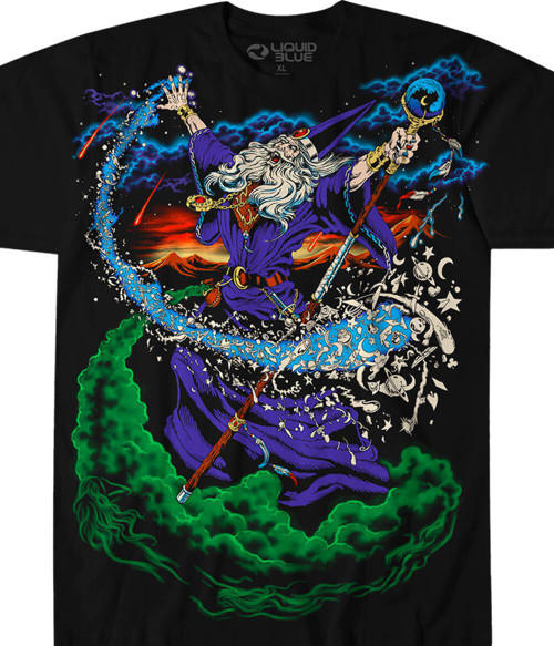 Liquid Blue unisex adult Vintage Wizard Jumbo Fantasy Print Short Sleeve T-shirt T Shirt, Black, XX-Large US