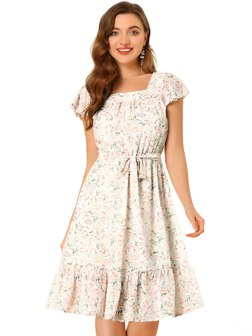 Allegra K Floral Midi Dresses for Women's Belted Flutter Chiffon Ruffle Hem Dress Medium White