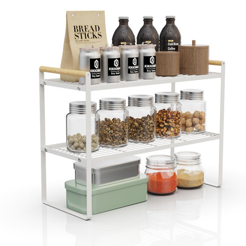 SsngygHme Counter Shelf Organizer, 2-Tier Metal Cupboard Stand Spice Rack, 20 * 8 * 15IN Cabinet Pantry Shelf, Organization and Storage for Kitchen, Bathroom, Pantry(White)