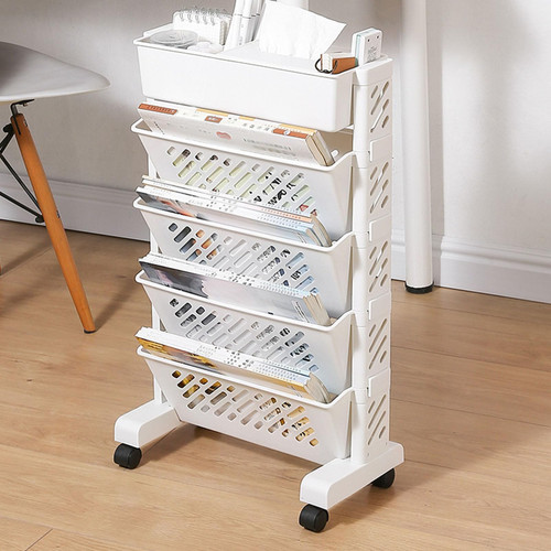 BestAlice Mobile Bookshelf with Wheels, Book Rack Storage Bookshelf, Removable Movable Unique Bookcase, White Removable Shelf Plastic Movable Bookshelf for Home Study Room(5 Layer)