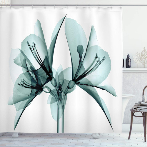 Ambesonne Flower Shower Curtain, Illustration of a Blooming Flower X-ray Vision of Nature Solarized Pattern, Cloth Fabric Bathroom Decor Set with Hooks, 69" W x 75" L, White Teal