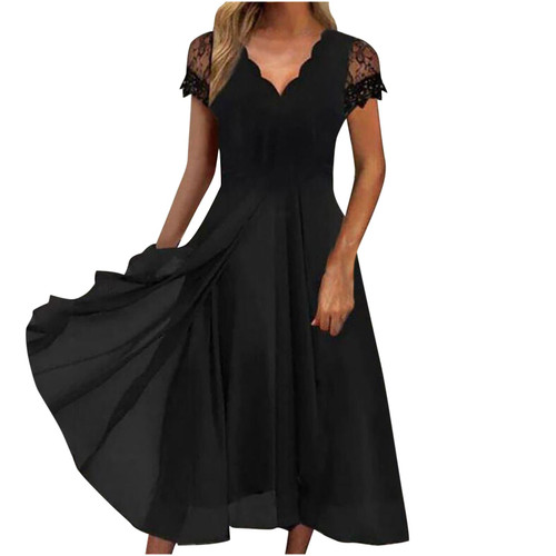 Mother of The Bride Dresses Chiffon Short Sleeve Wedding Guest Dress Lace Applique Elegant A-line Bridesmaid Dress Black