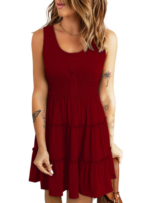 Dokotoo Summer Spring Dresses for Women 2024 Cute Easter Button Down Smocked Elastic Empire Waist Ruffle Tiered Sleeveless A-Line Casual Sundresses for Women Swing Mini Simple Sun Dress Red Small