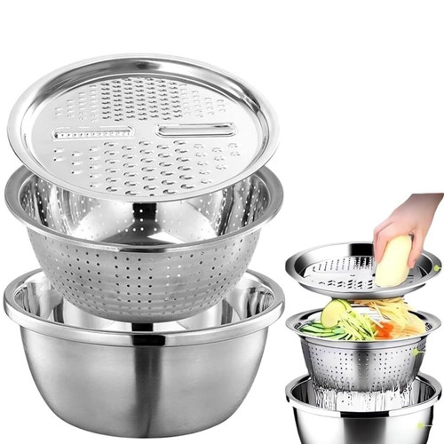 Germany Multifunctional Stainless Steel Basin,Stainless Steel Basin Grater,Multifunctional Stainless Steel Grater Basin 3 in 1 Colanders Basin,Fruit Vegetable Rice Washing Strainer Basket Bowl