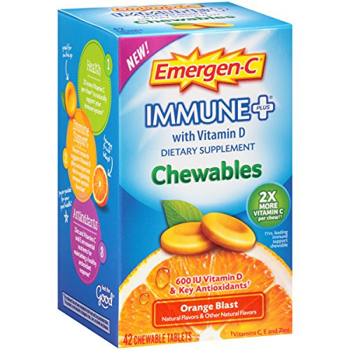 Emergen-C Immune+ Chewables (42 Count, Orange Blast Flavor) Immune System Support Dietary Supplement Tablet With 600 IU Vitamin D, 1000mg Vitamin C