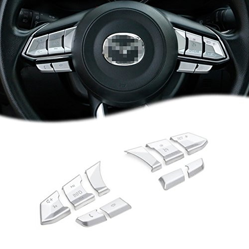 GTINTHEBOX 10pcs/Set ABS Chrome Silver Interior Steering Wheel Panel Button Trim Cover Sticker For 2017-2018 Mazda 3 Axela, CX-5, CX-9 & 2018 Mazda 6, CX-3, CX-4, Atenza (Come w/10pcs or 8pcs Buttons)