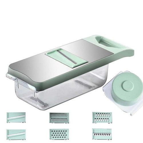 Multifunctional Vegetable Basin Grater, Household Kitchen Vegetable Cutter, Potatoes, Carrots, Vegetables And Fruits, 6-Knife Magnetic Hand Guard (Sea Foam Green)
