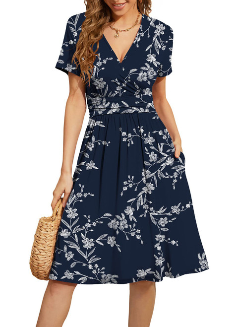WEACZZY Women Summer Casual Short Sleeve Dresses Empire Waist Dress with Pockets, Floral White Navy, XX-Large WEACZZY Women Summer Casual Short Sleeve Dresses Empire Waist Dress with Pockets, Floral White Navy, XX-Large