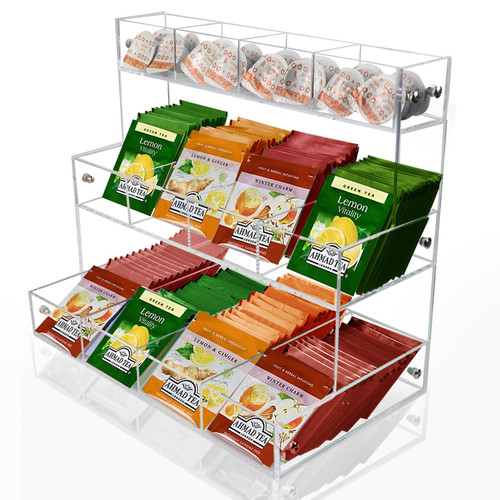 Tea Bag Organizer Acrylic Tea Organizers and Storage Holder, 3 Layer Sugar Packet Holder Containers For Counter, Coffee Tea Bag Storage Shelf, Tea Organizer Caddy for Office Tea Station Countertop