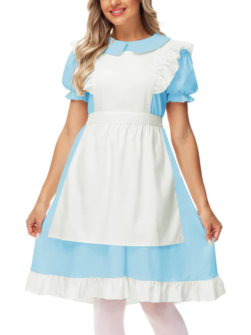 Halloween Alice Wonderland Dress Adult Princess Costume Blue Maid Dresses with Apron XS