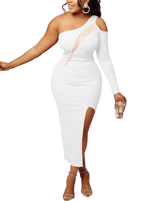 Women's Sexy Bodycon Dress One Shoulder Long Sleeve Party Club Dress Mesh Patchwork Cocktail Midi Dresses White XL Women's Sexy Bodycon Dress One Shoulder Long Sleeve Party Club Dress Mesh Patchwork Cocktail Midi Dresses White XL