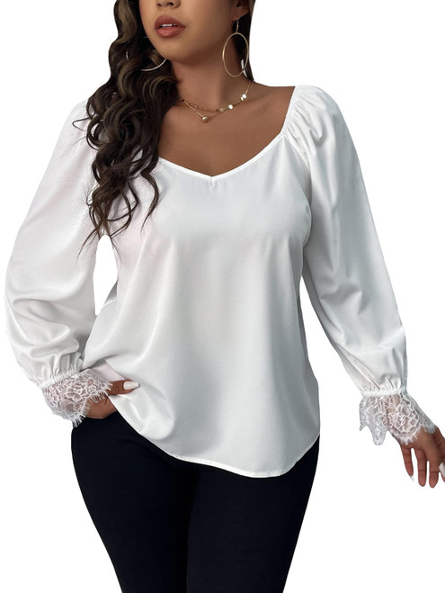SOLY HUX Women's Plus Size Sweetheart Neck Lace Trim Flounce Long Sleeve Blouse Tops White 2XL