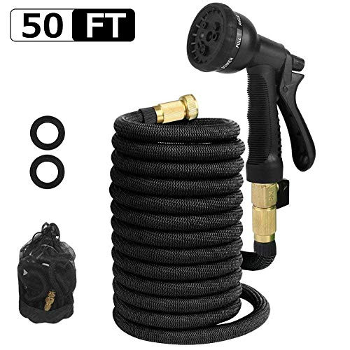 50ft Expandable Garden Hose, Flexible Water Hose with Triple Layered Latex Core, 3/4" Solid Brass Fittings, Lightweight Expanding Hose with 8 Patterns Spray Nozzle, Free Storage Bag