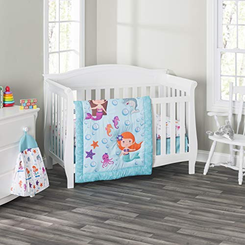 Everyday Kids 3 Piece Girls Crib Bedding Set - Mermaid Adventures - Includes Quilt, Fitted Sheet and Dust Ruffle - Nursery Bedding Set - Baby Crib Bedding Set