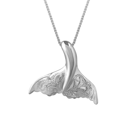 Sterling Silver Engraved Whale Tail Pendant Necklace, 16+2" Extender