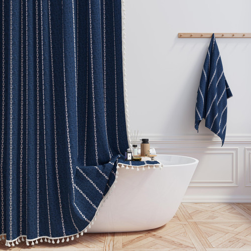 BTTN 78 Inch Long Shower Curtain - Boho Farmhouse Linen Thick Striped Fabric Shower Curtain Set with Plastic Hooks, Tall Rustic Country Luxury Cloth Shower Curtains for Bathroom - Navy Blue - 72x78 BTTN 78 Inch Long Shower Curtain - Boho Farmhouse Linen Thick Striped Fabric Shower Curtain Set with Plastic Hooks, Tall Rustic Country Luxury Cloth Shower Curtains for Bathroom - Navy Blue - 72x78