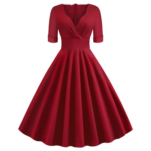 Women 1950s Retro Vintage V Neck Cocktail Swing Dress 50s 40s Roll Short Sleeve Audrey Hepburn Rockabilly Prom Tea Dress Ruched Pleated Fit Fared Wedding Guest Formal Evening Midi Dress Red-V Neck XL