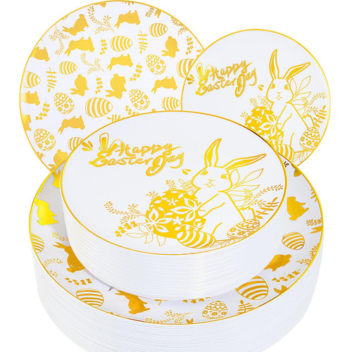 supernal 60pcs Easter Plastic Plates,Gold Plastic Plates,Disposable Plates for Easter Party with Gold Bunny Design include 30pcs 10" Disposable Dinner Plates and 7.5 Dessert Plates Perfect for Easter