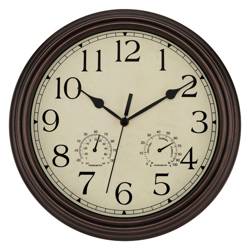 Foxtop 14 Inch Wall Clock with Thermometer and Hygrometer Combo, Retro Silent Non-Ticking Battery Operated Quartz Round Vintage Wall Clock for Living Room Kitchen Home Office (Bronze)