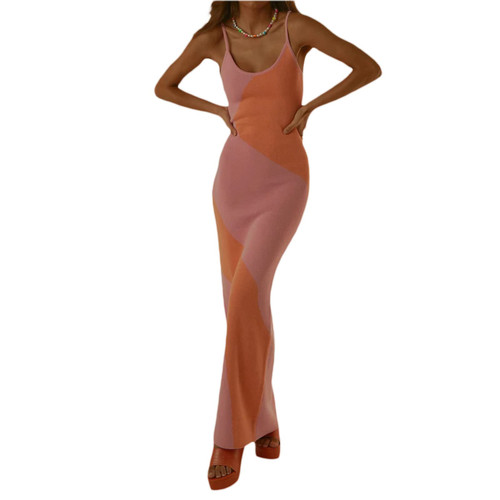 Fabumily Sexy Knit Bodycon Dress for Women Sleeveless Spaghetti Strap Cut Out Maxi Dress Backless Y2K Summer Beach Dresses (A- Pink & Orange, L)