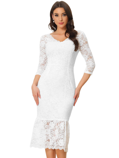 Allegra K Women's Elegant Floral Lace Dresses V Neck 3/4 Sleeve Bodycon Cocktail Mermaid Dress Medium White