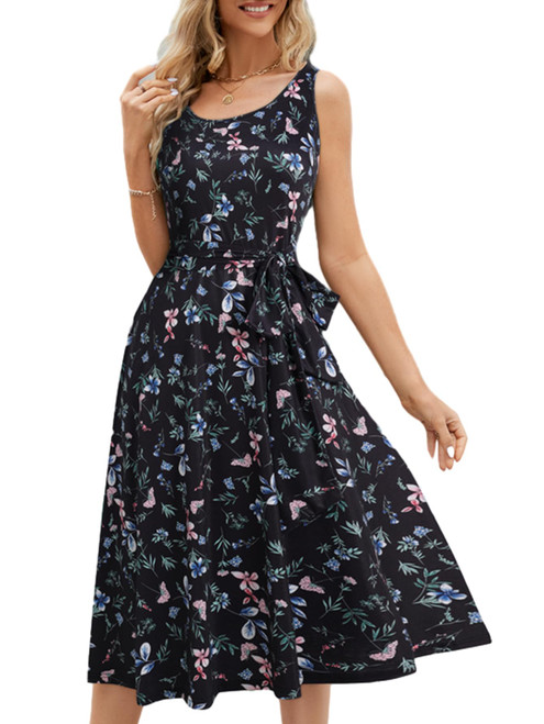 rosdorra Women's 2024 Summer Sundress Elegant Round Neck Midi Sleeveless Casual A-Line Swing Floral Beach Dress with Pockets(Black Floral, RS703B5 XL)