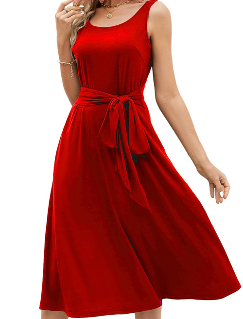 Women's Elegant Round Neck Sleeveless Casual Midi A-Line Swing Dress with Pockets (Red, RS703A8 L)