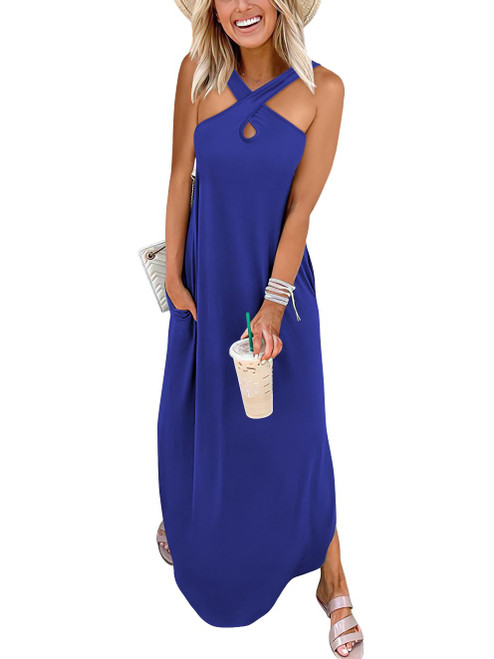 ANRABESS Women's Summer Maxi Dress Loose Casual Sleeveless Slit Sexy Criss Cross Long Dresses for Beach Travel 2024 Trendy Fashion Flowy Sun Dress A453baolan-L Royal Blue