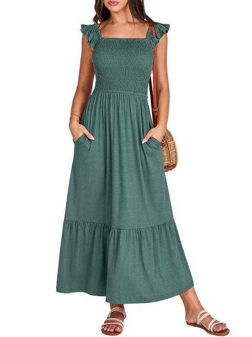 ANRABESS Womens Summer Maxi Dresses Casual Smocked Square Neck Ruffle Sleeveless Tiered Flare Dress 2024 Trendy Fashion Outfits Beach Boho Sun Dress A1375 caolv L Green