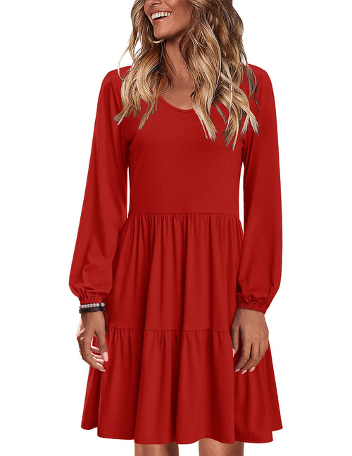 HOTOUCH Women Long Sleeve Dress Cotton Ruffled Dress for Women Tiered Dress with Pockets Women A Line Dress V Neck Casual Tunic Dresses Red Large HOTOUCH Women Long Sleeve Dress Cotton Ruffled Dress for Women Tiered Dress with Pockets Women A Line Dress V Neck Casual Tunic Dresses Red Large