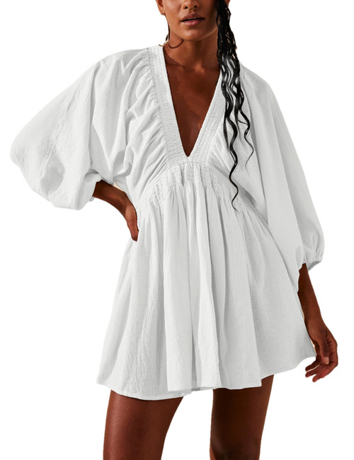 Tiko Miko Women's Sexy Long Sleeve V Neck Tunic Dress Casual Loose Flowy Mini Swing Shift Dresses(0499-White-S)