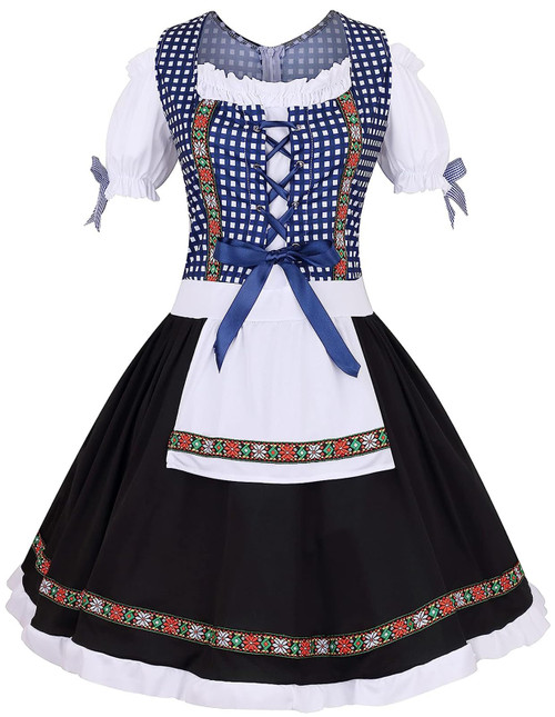 GRAJTCIN Oktoberfest Costumes Women Halloween Costume Bavarian German Dirndl Dress Plaid Beer Maid Outfit with Apron (Medium, Blue)