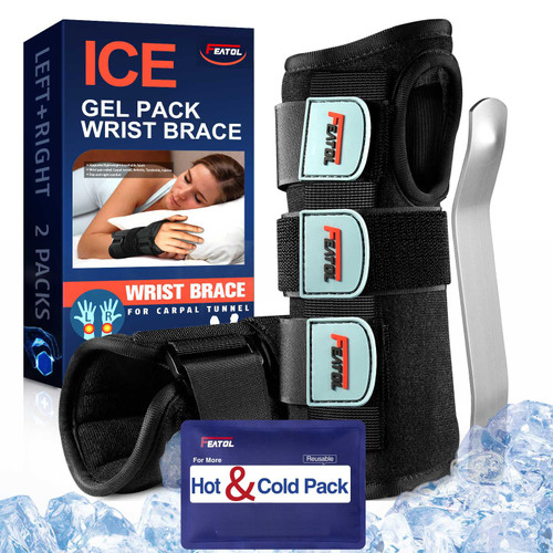 FEATOL 2 PACK Carpal Tunnel Wrist Brace for Kid | Adjustable Hand Night Sleep Support Brace, Removable Metal Wrist Splint- Hot/Ice Pack, Small/Medium for Men, Women, Relieve and Treat Pain (Left & Right)