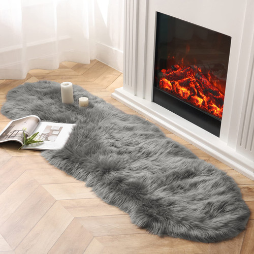 Ashler Faux Fur Rug, Fluffy Shaggy Area Rug Ultra Soft 2 x 6 Feet Sheepskin Fur Rug, Dark Grey Fuzzy Rug Machine Washable Shag Rug, Nursery Decor Throw Rugs for Bedroom, Kids Room, Living Room