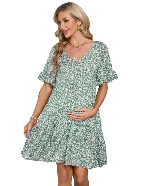 FUNJULY Maternity Dress Womens Casual Babydoll Dress Ruffle Short Sleeve V Neck Floral Printed Flowy Mini Short Tunic Dress Green M