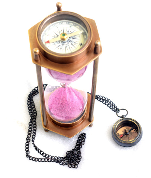 Nautical Brass Hourglass Sand Timer with Compass on top, Antique Finish 6" Sand Timer, Chirstmas Free Pendant Compass Gift by ROYAL FALCON CRAFTS