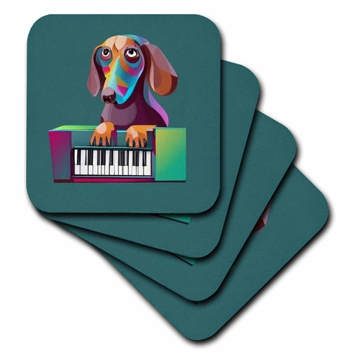 3dRose Cute Funny Dachshund Puppy Dog Playing Piano Music Cubism Style Art - Coasters (cst-385374-3)