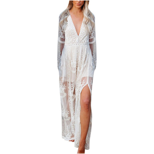 Women's Deep V-Neck Lace Maxi Dress Womens Sexy Wedding Bridesmaid Dress Mesh Long Sleeve Evening Party Gown White Women's Deep V-Neck Lace Maxi Dress Womens Sexy Wedding Bridesmaid Dress Mesh Long Sleeve Evening Party Gown White