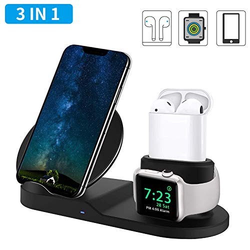 3 in 1 Wireless Charger, ToastyHouse 10W Qi Fast Wireless Charger Stand for All QI Phones and Airpods - New Version Wireless Charging Station (Black)