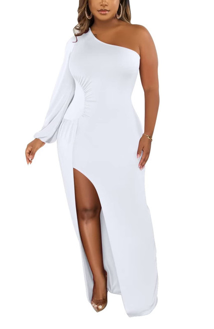 Aro Lora Womens Sexy One Shoulder Ruched Side Slit Bodycon Party Club Maxi Dress Large White Aro Lora Womens Sexy One Shoulder Ruched Side Slit Bodycon Party Club Maxi Dress Large White