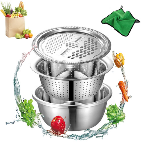 Germany Multifunctional Stainless Steel Basin, Multifunctional Stainless Steel Grater Basin 3 In 1 Colanders Basin, Stainless Steel Basin Grater, Grater Strainer and Drain Basket Maker Bowl (30CM)