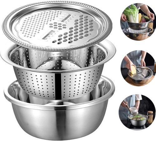 Kitchen Helper - Germany Multifunctional Stainless Steel Basin, Multifunctional Stainless Steel Grater Basin 3 In 1 Colanders Basin, Grater Strainer and Drain Basket Salad Maker Bowl (28cm)