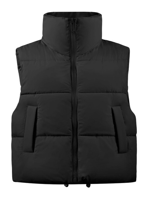 Flygo Women's Winter Crop Vest Sleeveless Quilted Puffer Vest Padded Gilet Jacket Warm Outerwear Pockets(Black-XS)