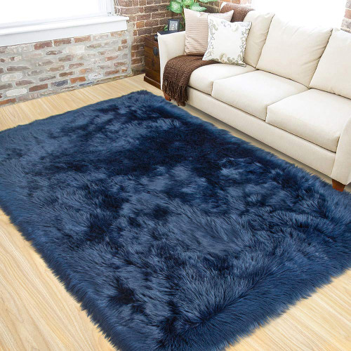 LOCHAS Soft Fluffy Light Navy Faux Fur Rugs for Bedroom Bedside Rug 3x5 Feet, Washable, Furry Sheepskin Area Rug for Living Room Girls Room, Luxury Shag Carpet Home Decor