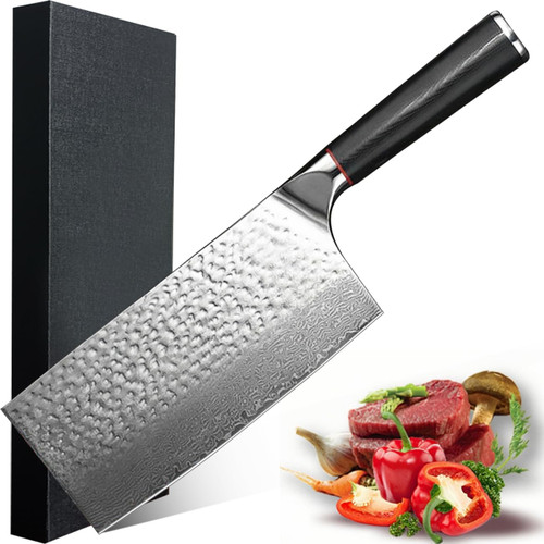 Cleaver Knife, Damascus Steel 7 Inch Chinese Chef Knife Professional Butcher Knife Sharp Kitchen Knife Meat Vegetable Chopping Knife, Ergonomic G10 Handle
