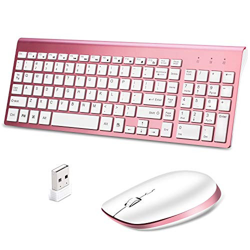 Wireless Keyboard and Mouse Combo, Lucloud Rose Gold Full Size,Ultra Slim Keyboard with Palm Rest and Comfortable Mouse,2.4G Mini Receiver Wireless Connection for Computer-Pink Gold