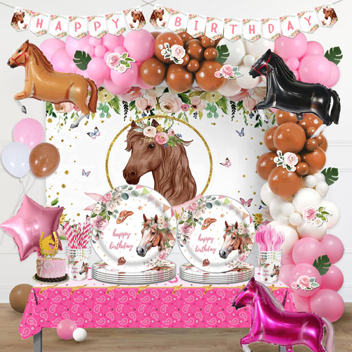 Hombae Horse Party Decorations for Girl, Floral Horse Western Themed Birthday Supplies Backdrop Balloon Garland Cutout Banner Tablecloth Cake Topper Plate Napkin Cup Straw Knife Spoon Fork 259 PCs Hombae Horse Party Decorations for Girl, Floral Horse Western Themed Birthday Supplies Backdrop Balloon Garland Cutout Banner Tablecloth Cake Topper Plate Napkin Cup Straw Knife Spoon Fork 259 PCs