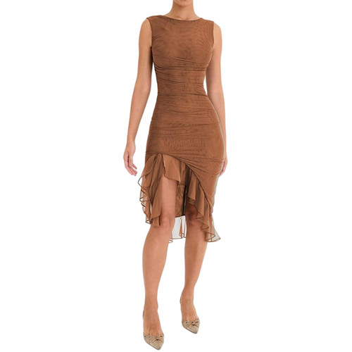 Women Ruffle Hem Mermaid Midi Bodycon Sleeveless Backless Crew Neck Summer Elegant Cocktail Irregular Tassel Tank Dress Brown