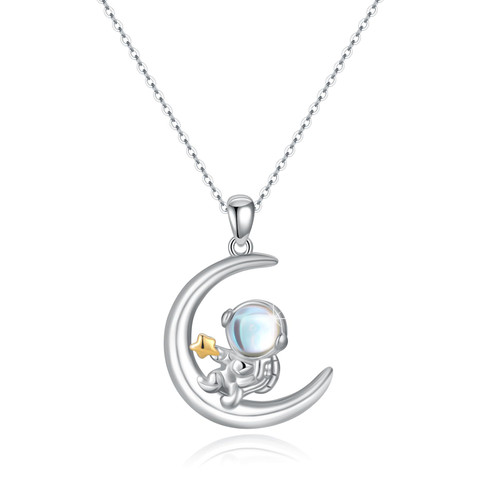 ConBo Moon Astronaut Necklace Sterling Silver Astronaut Spaceman Necklace Moonstone Necklace Moon Pendant Necklace Space Planet Gifts for Women Teen Girls