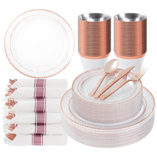 Bestluck 175PCS Clear Plastic Plates with Rose Gold Trim for 25 Guests, Disposable Dinnerware Set for Party, Includes 50 Plastic Plates, 25 Pre Rolled Napkins with Rose Gold Silverware, 25 Cups